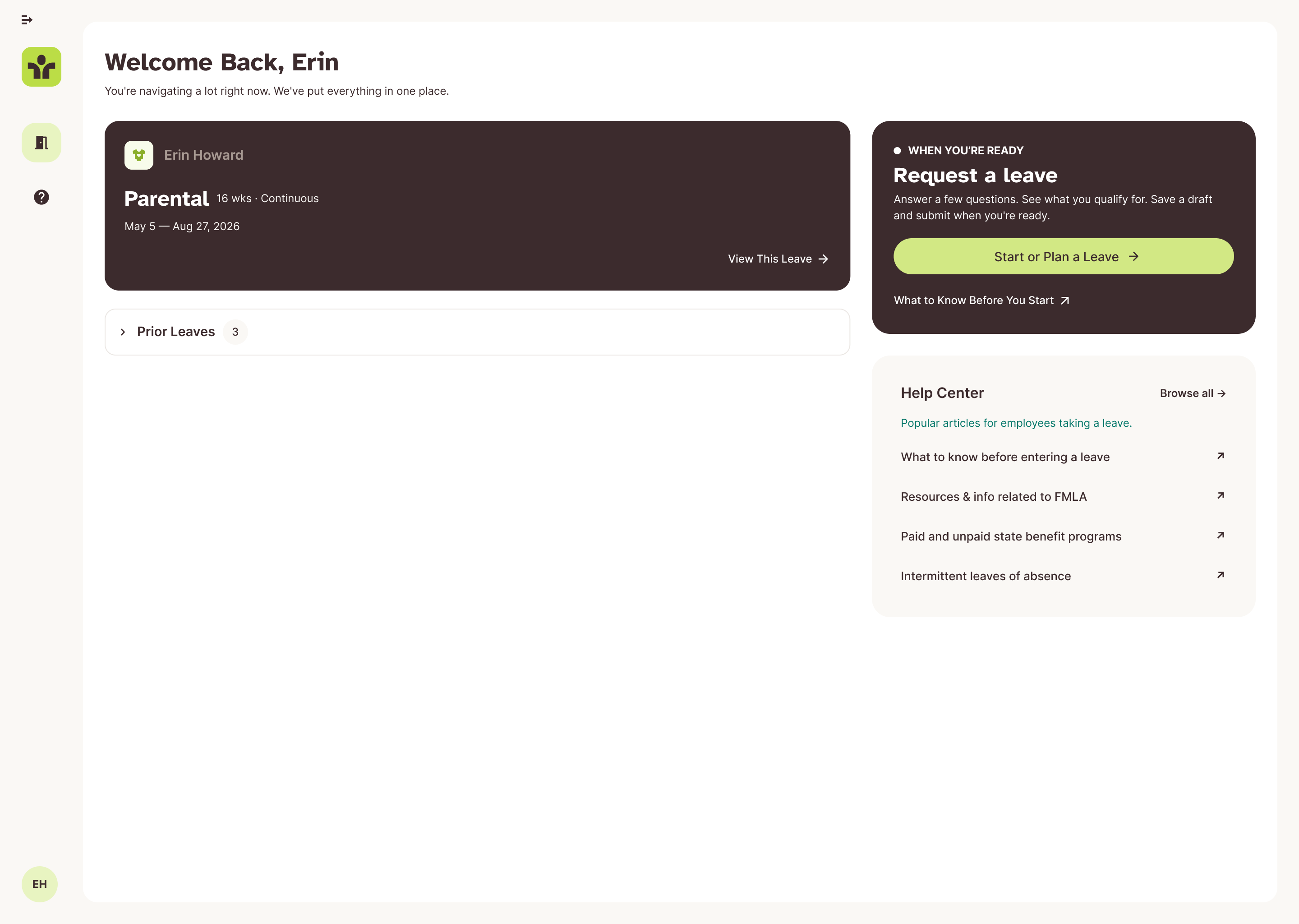 All leaves in one place: The overview brings an existing leave, prior leaves, a new leave request, and help resources together.