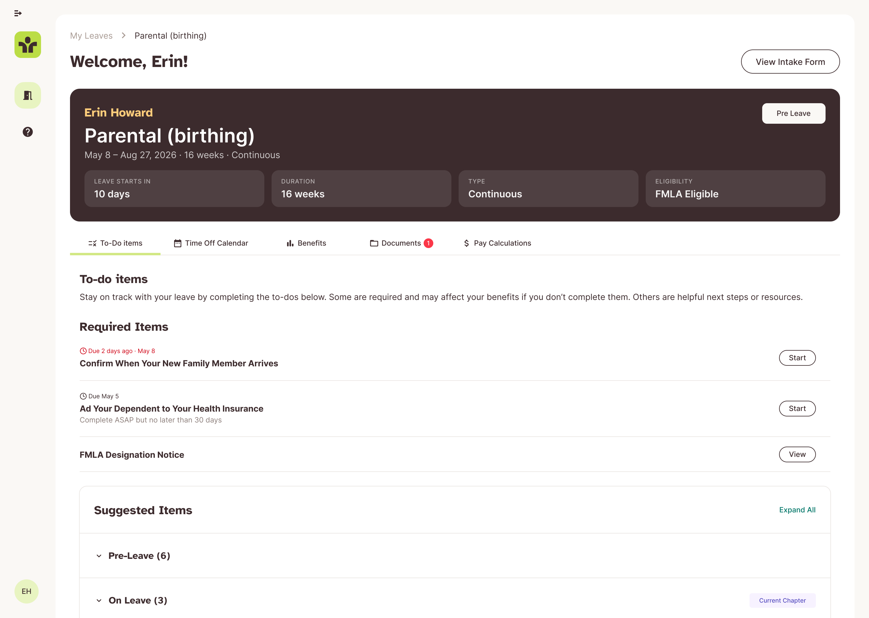 Know what needs attention: Required to-dos are separated from suggested guidance, with due dates and actions that help employees see what comes next.