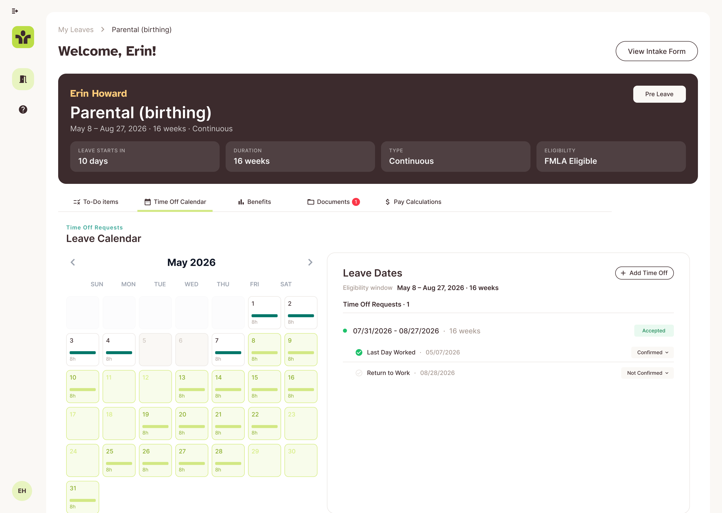 See time away in context: A calendar connects requested time off with leave dates, the last day worked, and the planned return to work.
