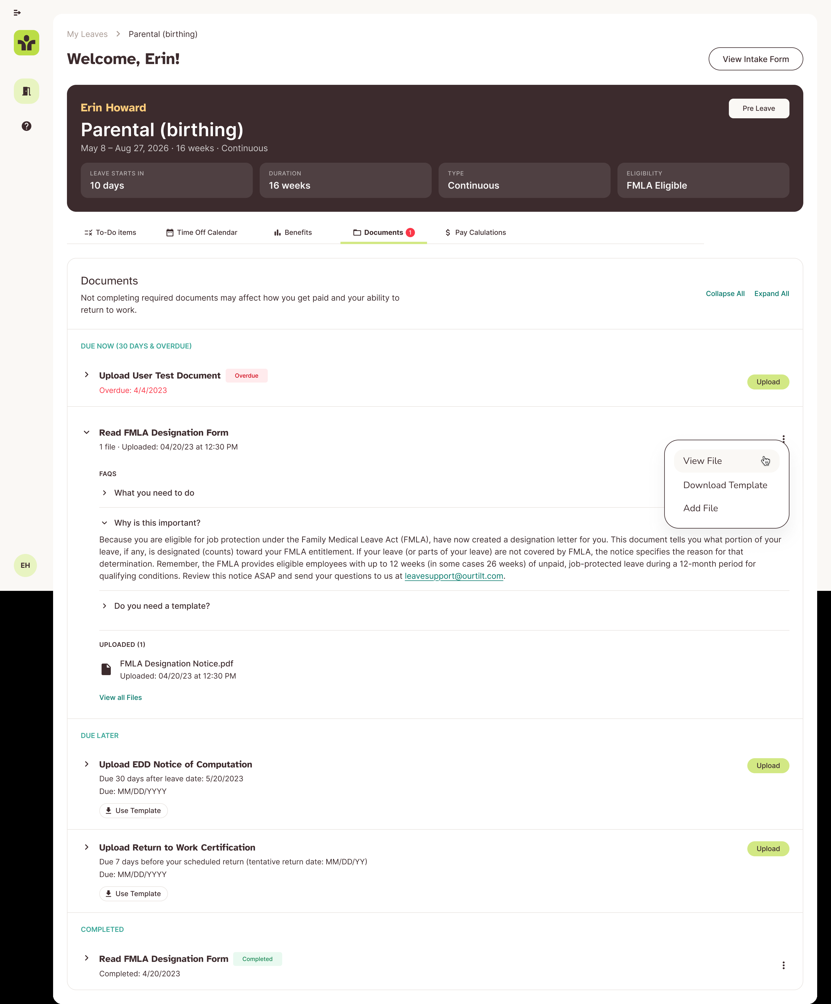 Keep documents moving: Documents are grouped by urgency and completion, with upload actions, templates, and explanations of why each item matters.