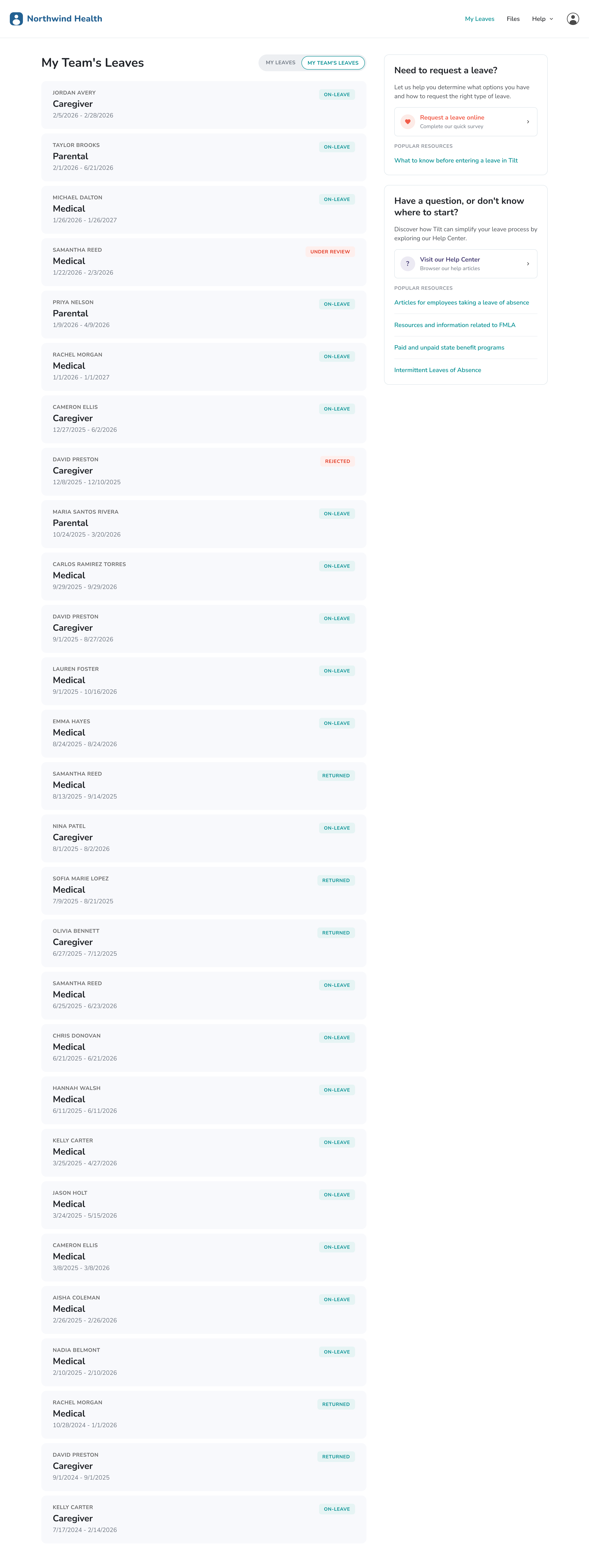 Previous My Team’s Leaves page with a long vertical list of individual leave cards and a resources sidebar.